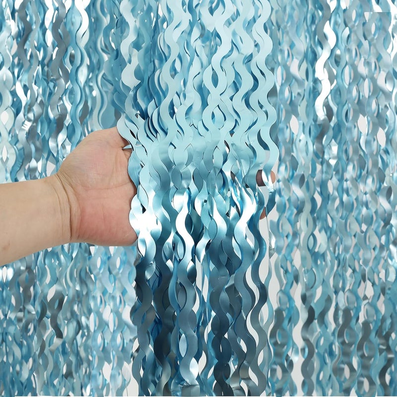 KEEUH 4 Pack Wavy Blue Foil Fringe Curtain 3.3x6.6 Feet | Blue Streamers Tinsel Backdrop for Under The Sea Party Decorations | Ocean Backdrop | Mermaid Birthday Decorations - Image 1